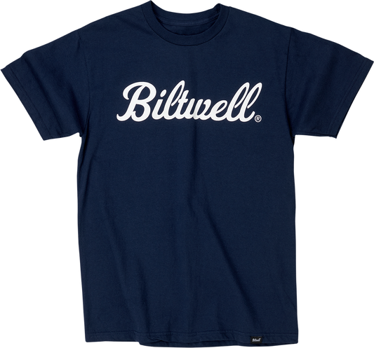 Navy BILTWELL Script T-Shirt in medium size with white logo print, casual crew neck design, from Bill's Exhausts.