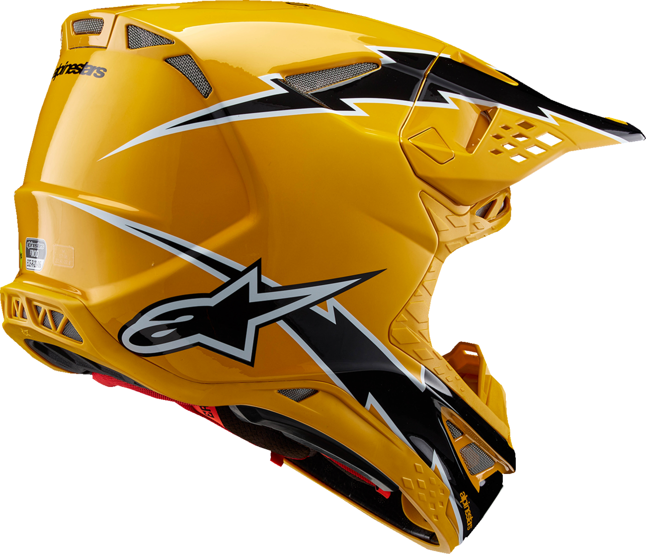 Alpinestars Supertech M10 motorcycle helmet in gloss black and yellow with MIPS® technology, large size, front view.