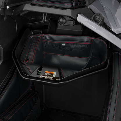 Red SHOW CHROME glove box organizer for engine, by Bill's Exhausts, featuring multiple compartments for storage.