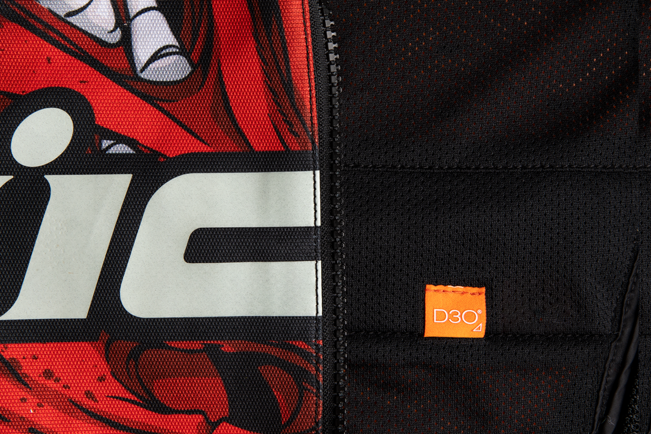 Red ICON Airform Manik'r™ jacket in small size, featuring lightweight design and protective features, by Bill's Exhausts.