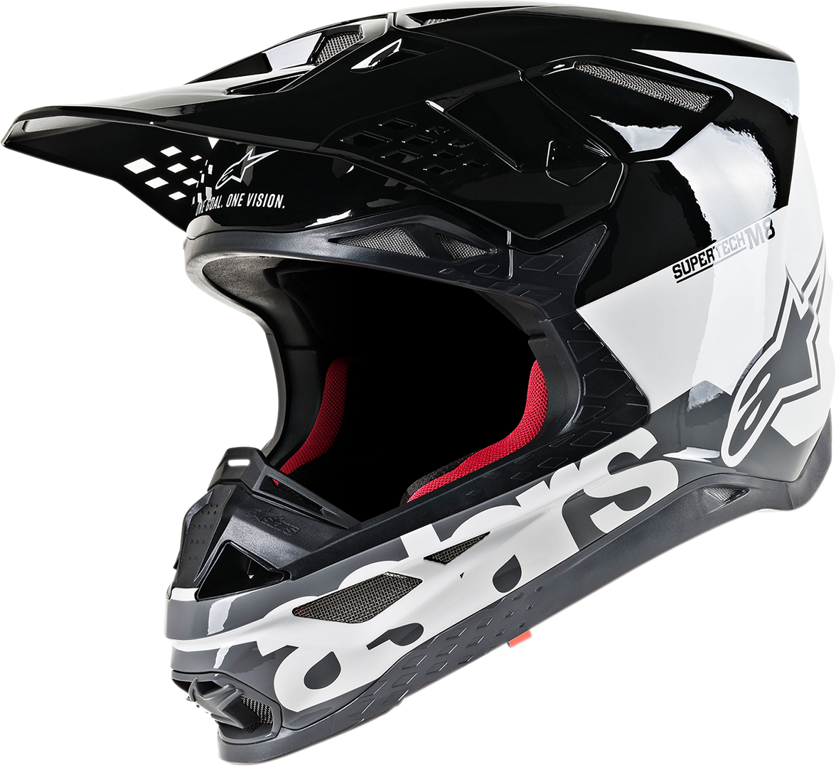 Alpinestars Supertech M8 motorcycle helmet in white, black, and gray glossy finish, size 2XL with MIPS safety technology.