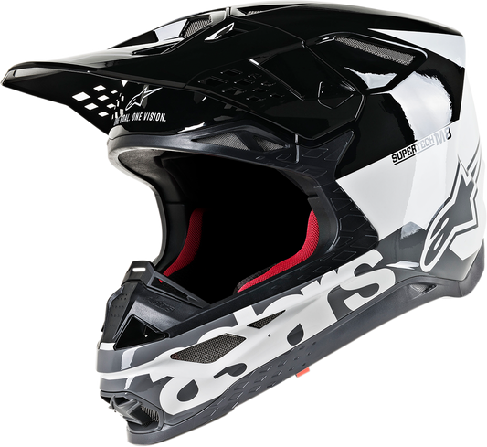 Alpinestars Supertech M8 motorcycle helmet in white, black, and gray glossy finish, size 2XL with MIPS safety technology.