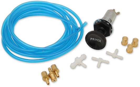Triple Keihin Primer Kit by Parts Unlimited for improved carburetor airflow, shown with hoses and fittings on a white background.