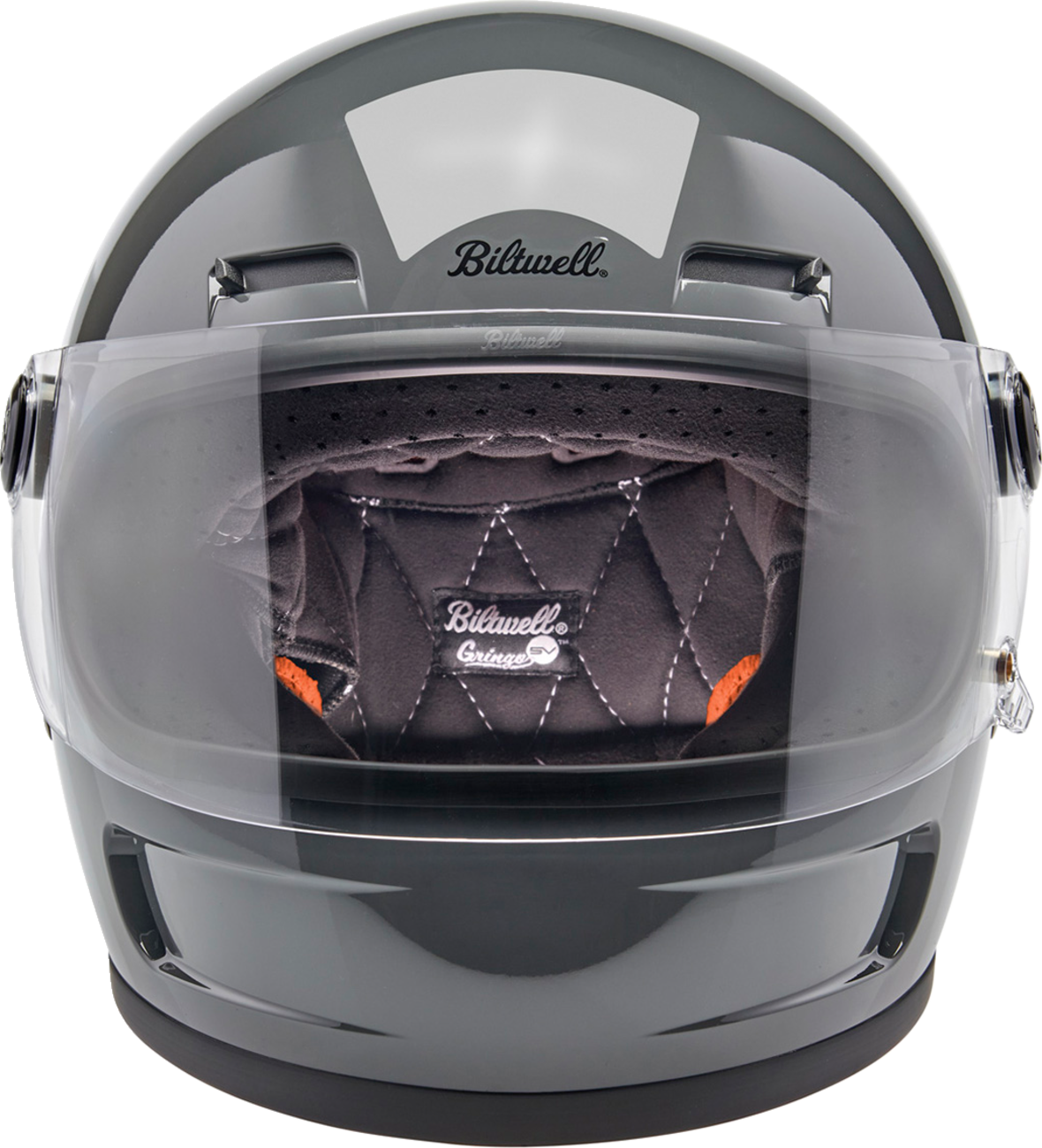 BILTWELL Gringo SV helmet in gloss storm gray, XS size, featuring a sleek motorcycle helmet design with ventilation and safety features.