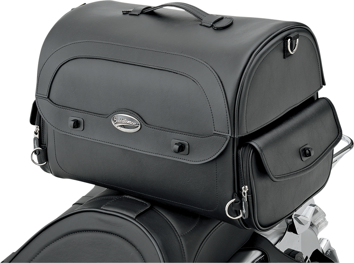 Bill's Exhausts Saddlemen Cruis'n Express motorcycle tail bag on seat, universal fit, rugged design for secure storage.