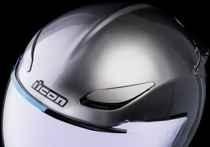 ICON Domain™ Helmet Cornelius in silver, large size, with aerodynamic design and secure fit, by Bill's Exhausts.