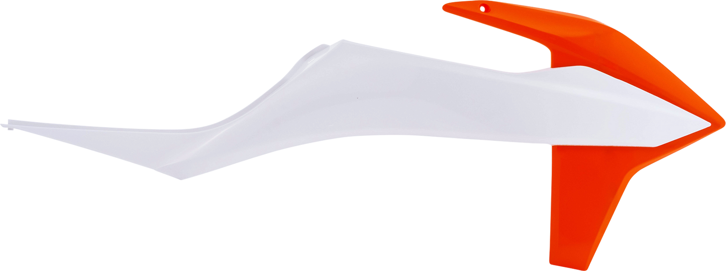 Acerbis radiator shroud in OEM orange and white for motorcycle, featuring aerodynamic body design with Acerbis branding.