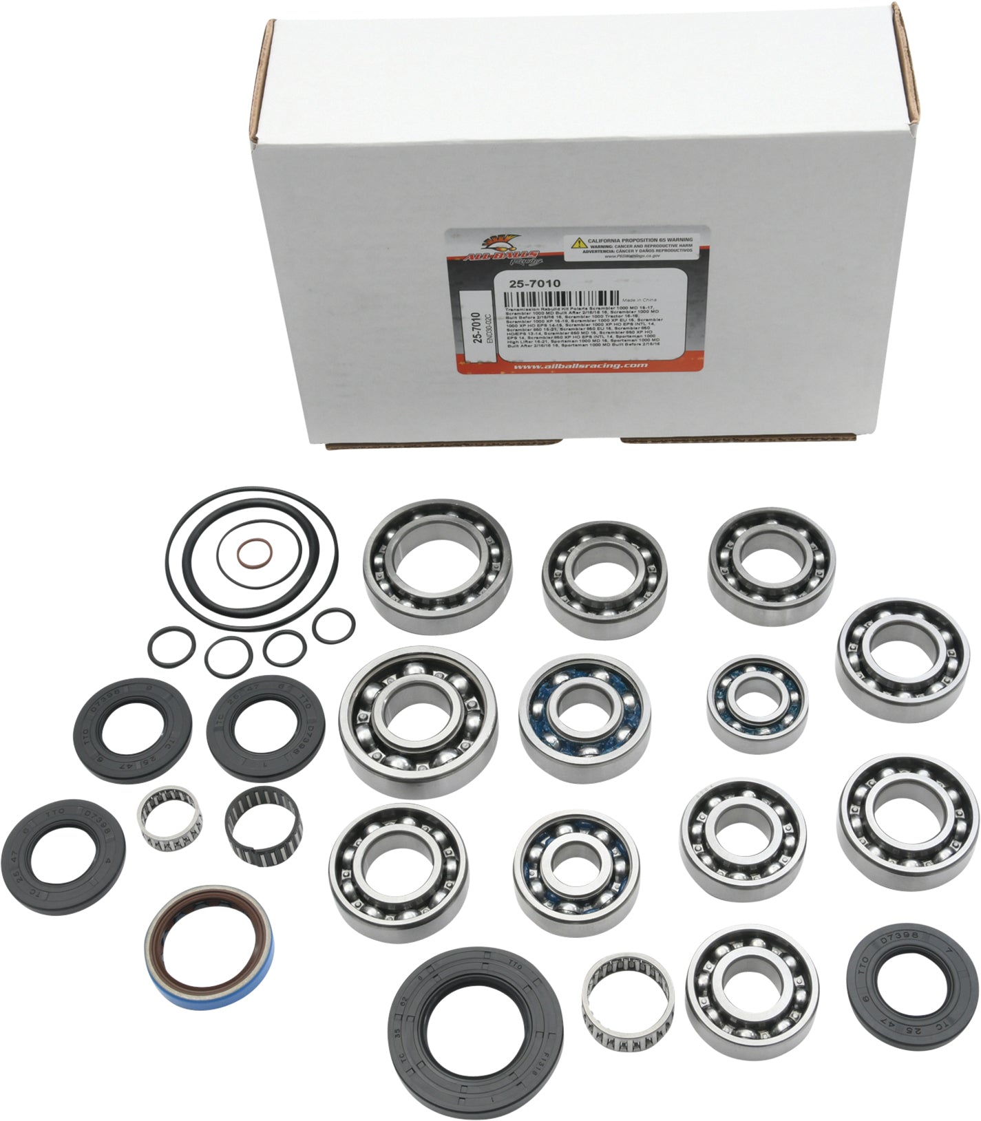 All Balls transmission bearing and seal kit, part #25-7010, with bearings and seals for optimal gearbox performance.