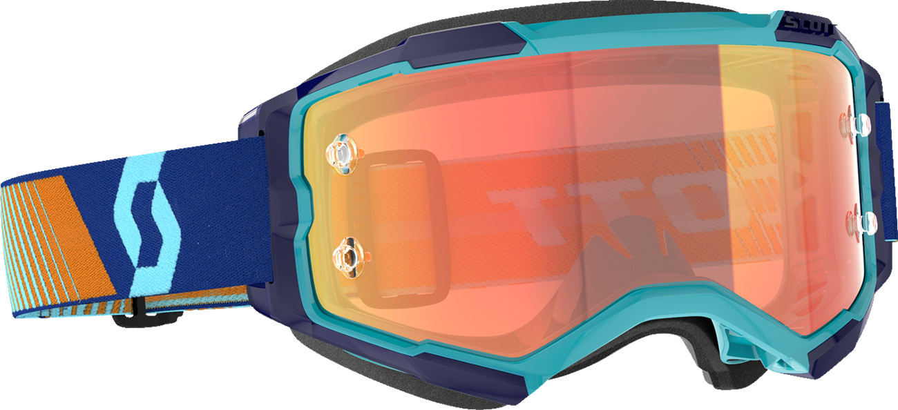 Bill's Exhausts SCOTT Fury Goggle in royal blue and orange, featuring a sleek engine-inspired design with orange accents.