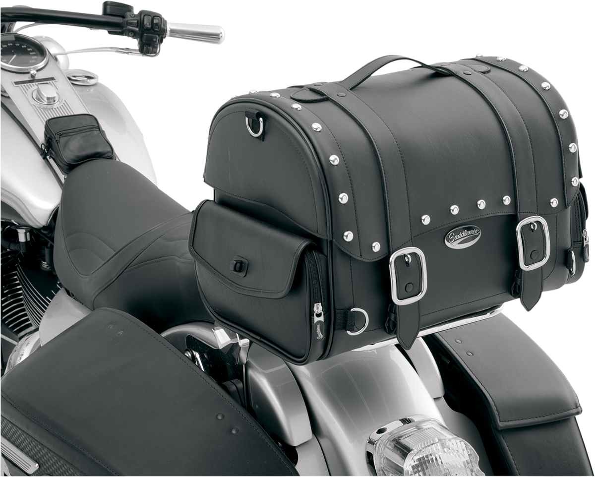 Bill's Exhausts Saddlemens Desperado Express Tail Bag 3503-0054 mounted on motorcycle seat, showcasing durable black storage bag.