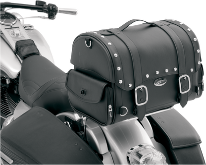 Bill's Exhausts Saddlemens Desperado Express Tail Bag 3503-0054 mounted on motorcycle seat, showcasing durable black storage bag.