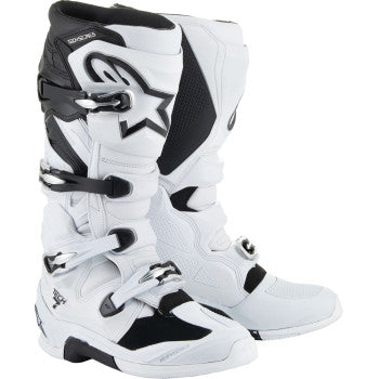 Alpinestars Tech 7 motorcycle boots in white and black with US size 8, featuring protective design and sturdy construction.