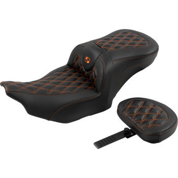 Bill's Exhausts SADDLEMEN RoadSofa™ motorcycle seat with backrest, carbon fiber, lattice stitch, orange stitching for FLTR/FLHX 2023-2024
