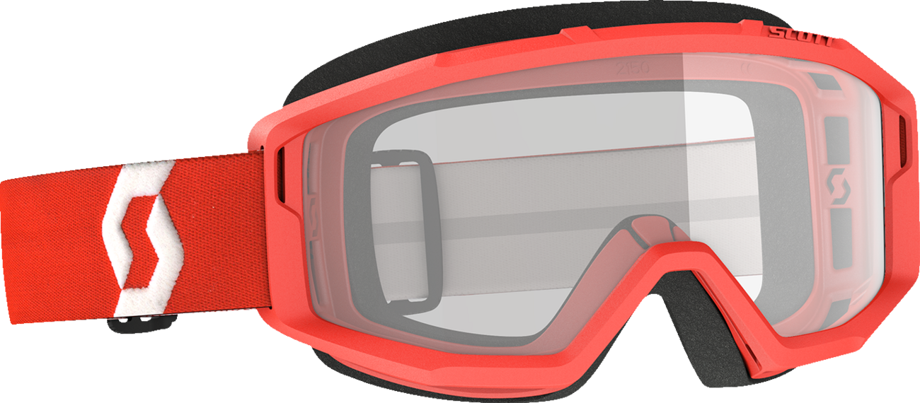 Scott Primal Goggles in red with clear lenses, designed for motorcycling or racing, featuring a durable, ergonomic fit.