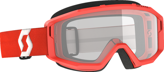 Scott Primal Goggles in red with clear lenses, designed for motorcycling or racing, featuring a durable, ergonomic fit.