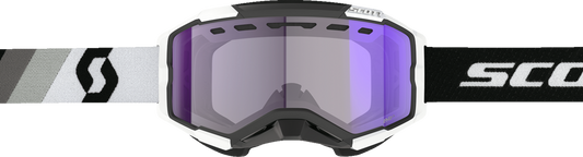 Scott Fury Snow Cross Goggle in black and white with light-sensitive blue chrome lens, designed for snow sports.