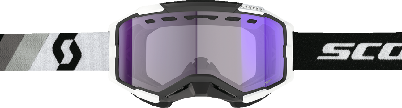 Scott Fury Snow Cross Goggle in black and white with light-sensitive blue chrome lens, designed for snow sports.