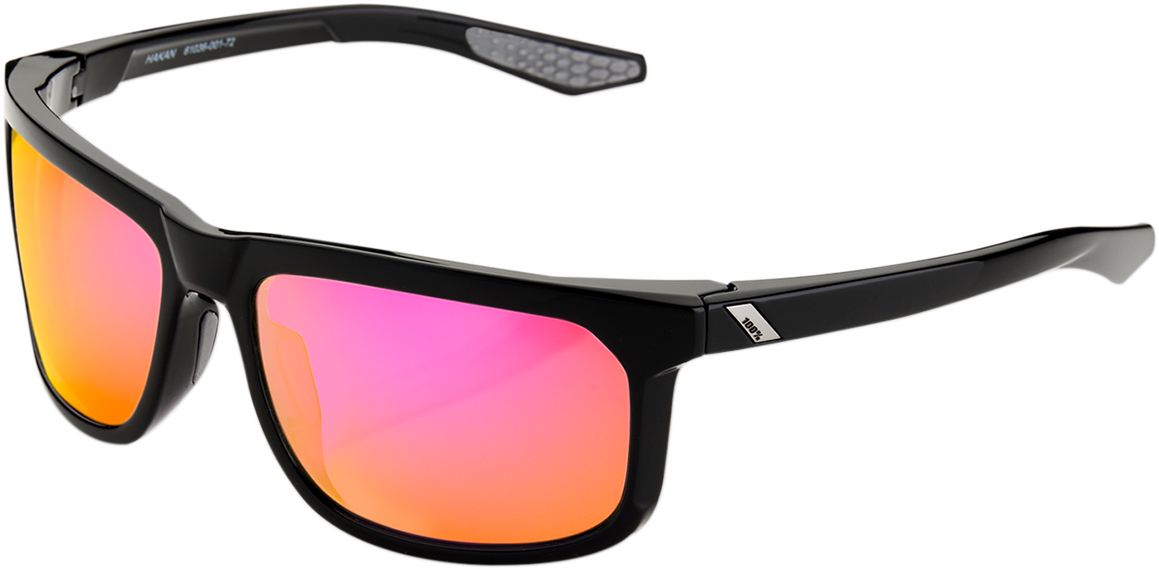 Black Bill's Exhausts 100% Hakan sunglasses with purple mirror lenses, stylish and reflective eyewear for sun protection