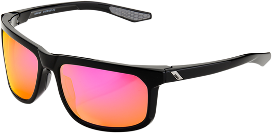 Black Bill's Exhausts 100% Hakan sunglasses with purple mirror lenses, stylish and reflective eyewear for sun protection