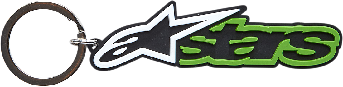 Black and green Alpinstars Key Fob in protective gear style with branding details, designed for motorcycle or gear enthusiasts.