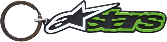 Black and green Alpinstars Key Fob in protective gear style with branding details, designed for motorcycle or gear enthusiasts.