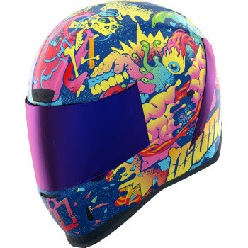 Bill's Exhausts ICON Airform™ Helmet Scatterbrain MIPS® purple medium helmet with aerodynamic design, secure strap, and vibrant graphics.