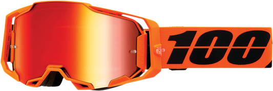 Bill's Exhausts 100% Armega CW2 goggles with red mirror lenses, showcasing their sleek design and vibrant reflective coating.
