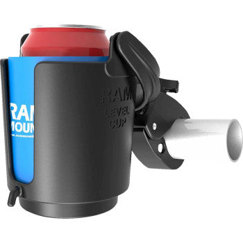 RAM MOUNTS Tough-Claw™ Mount with Level Cup™ Drink Holder, black plastic and metal, mounted on vehicle dashboard with drink cup holder