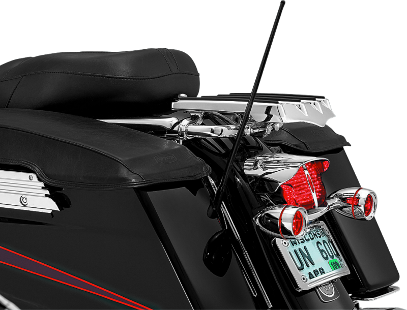 Kuryakyn dual function flexible antenna for Harley Davidson FLHT, FLHX, FLTR models, shown installed on motorcycle