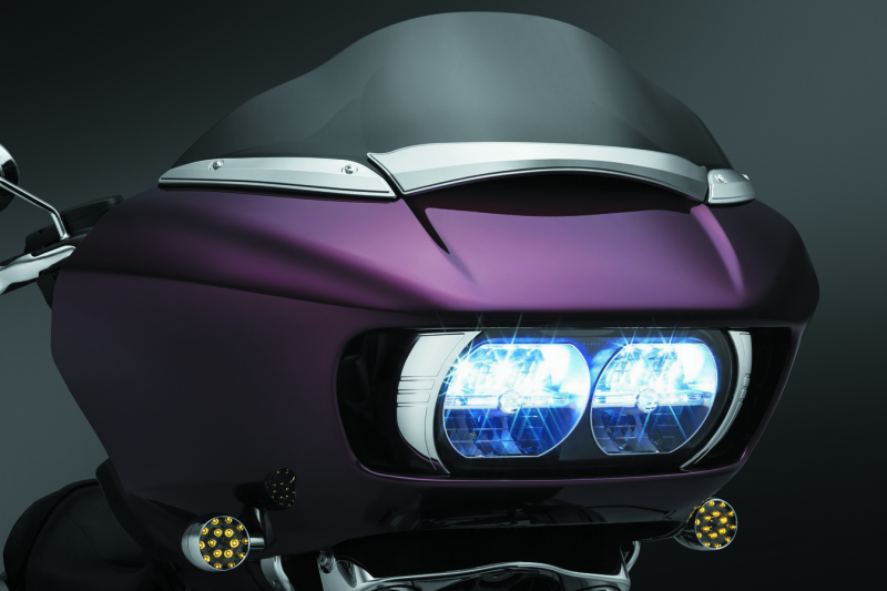 Kuryakyn windshield side trims for Harley-Davidson Road Glide, chrome finish, designed for 2015-2021 motorcycle models.