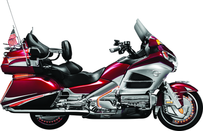 Kuryakyn passenger drink holder for Honda GL1800 Gold Wing, chrome finish, mounted on motorcycle handlebars.