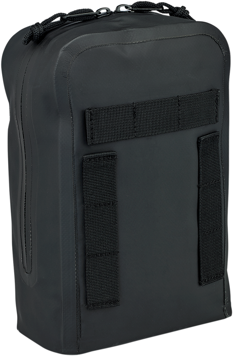 Black BILTWell handlebar bag for motorcycles, with durable straps and compact design, attached to bike handlebars.