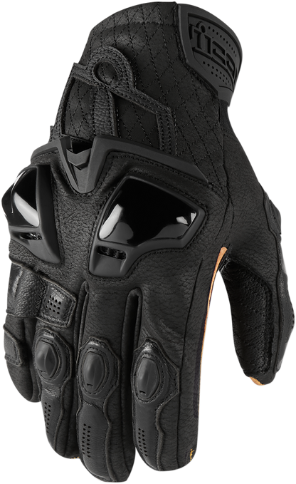 Black ICON Hypersport™ Short Gloves in Medium size with protective padding and textured grip, designed for motorcycle riding.