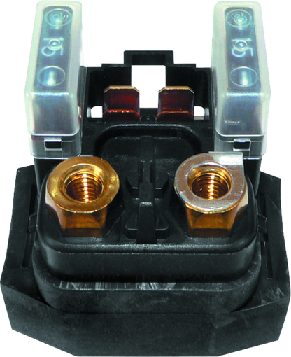 QuadBoss universal starter solenoid part 495349 for powersports vehicles, showing the compact electrical component with metal terminals.
