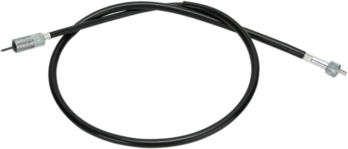 Parts Unlimited speedometer cable for Kawasaki and Suzuki motorcycles, showing the flexible black cable with metal connectors.