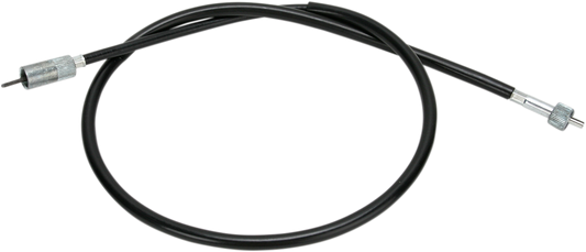 Parts Unlimited speedometer cable for Kawasaki and Suzuki motorcycles, showing the flexible black cable with metal connectors.
