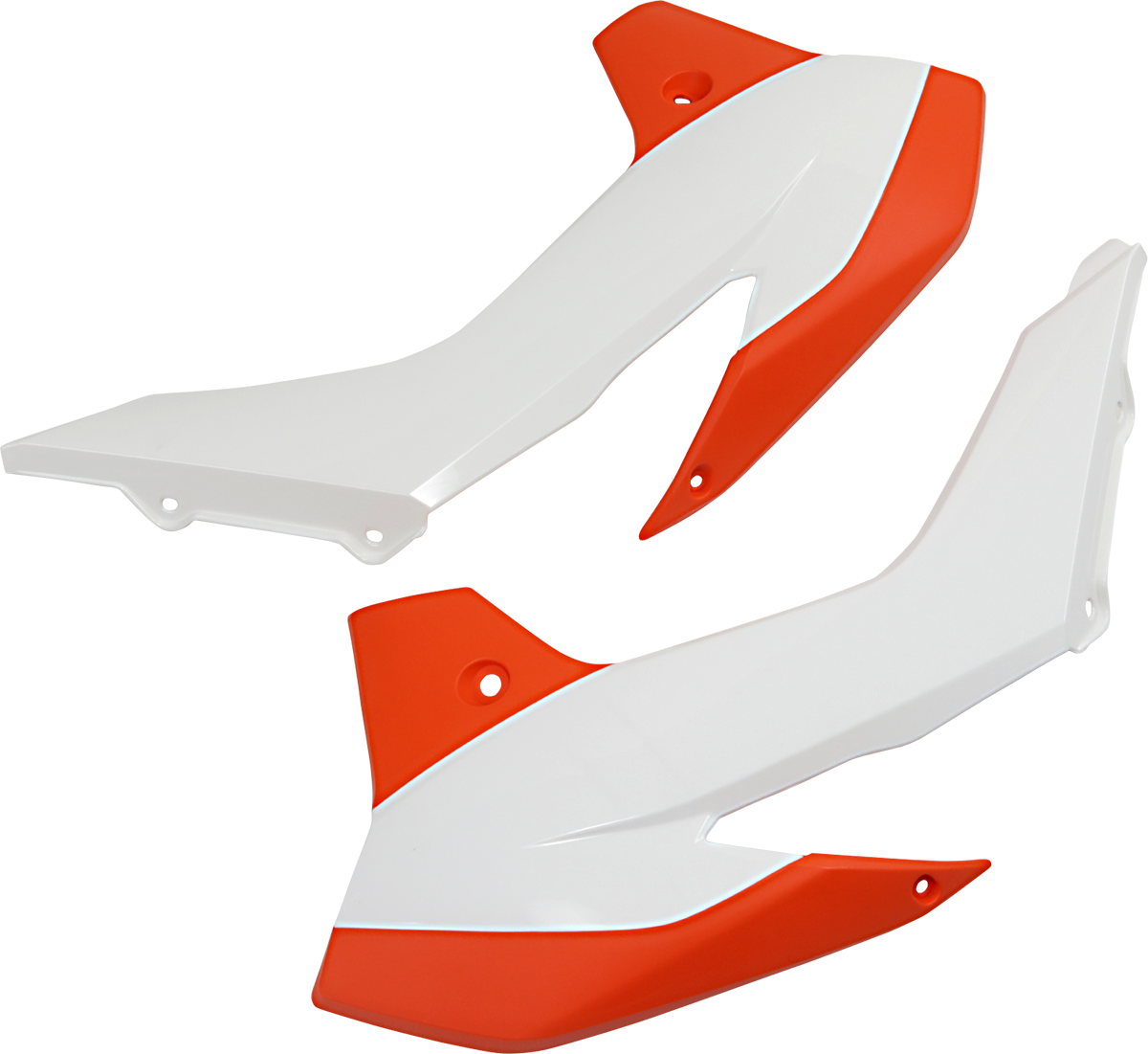 Acerbis orange and white radiator shrouds for motorcycle body protection, featuring bold color accents and aerodynamic design.