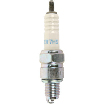 NGK CR7HS standard spark plug showing metal electrode and ceramic insulator for gasoline engines.