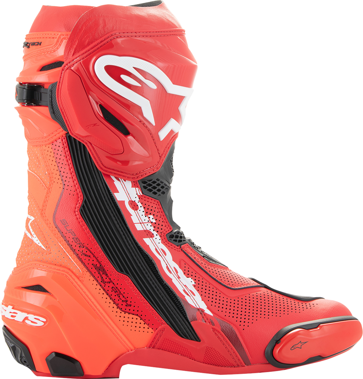 Alpinestars Supertech R Vented motorcycle boots in red, US 11.5 / EU 46, featuring protective design and ventilation.