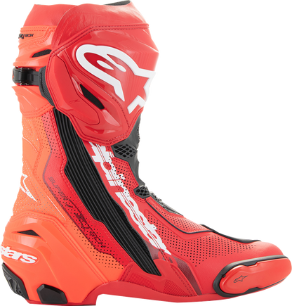 Alpinestars Supertech R Vented motorcycle boots in red, US 11.5 / EU 46, featuring protective design and ventilation.