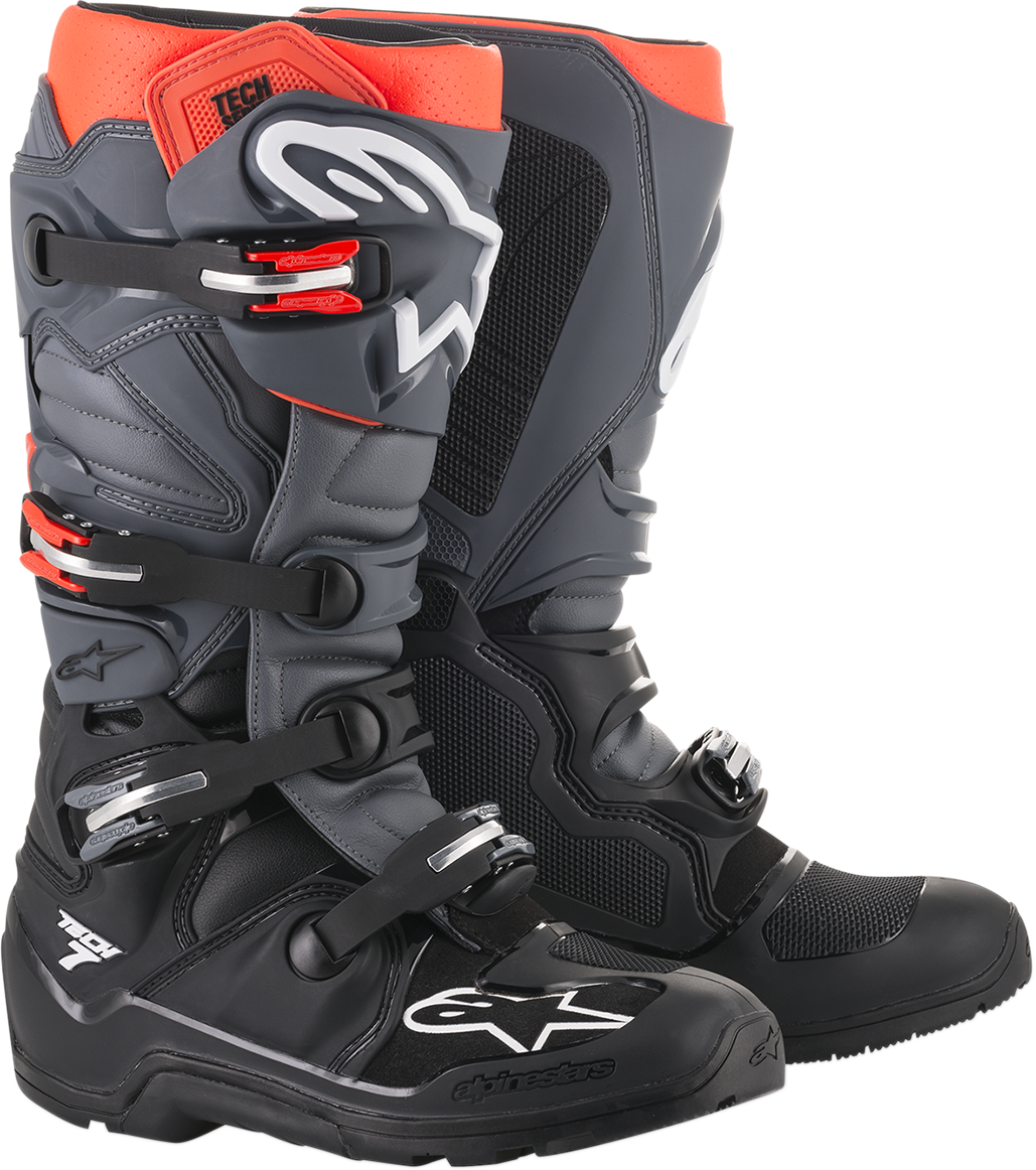 Alpinestars Tech 7 Enduro riding boots in black and gray, US size 14, with protective design and secure fastenings.