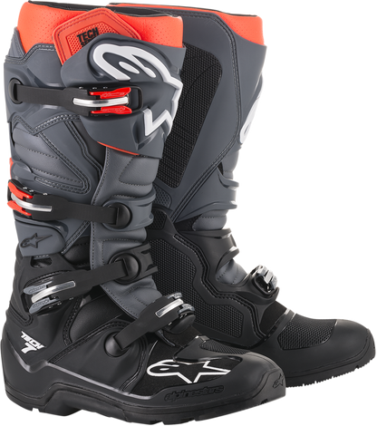 Alpinestars Tech 7 Enduro riding boots in black and gray, US size 14, with protective design and secure fastenings.