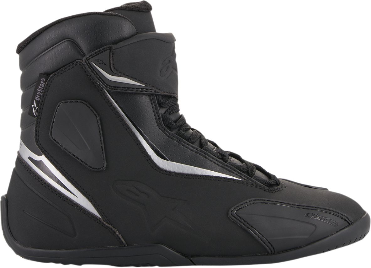 Alpinestars Fastback v2 black motorcycle shoes with US 11.5 size, featuring sleek design and protective materials.