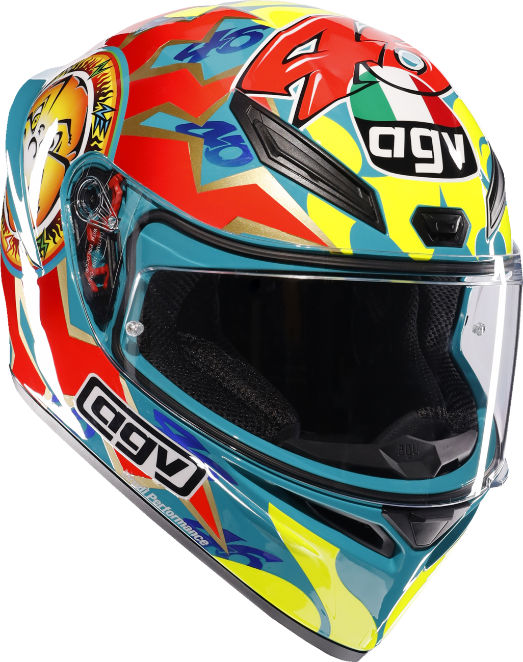 AGV K1 S Rossi Mugello 1999 motorcycle helmet in medium size, featuring bold graphics and aerodynamic design.