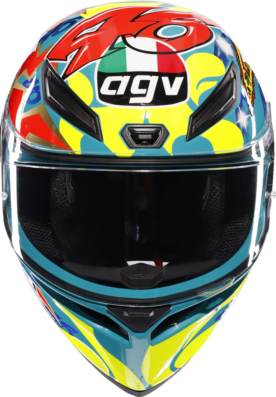 AGV K1 S Rossi Mugello 1999 motorcycle helmet in medium size with red and white racing design, lightweight and aerodynamic.