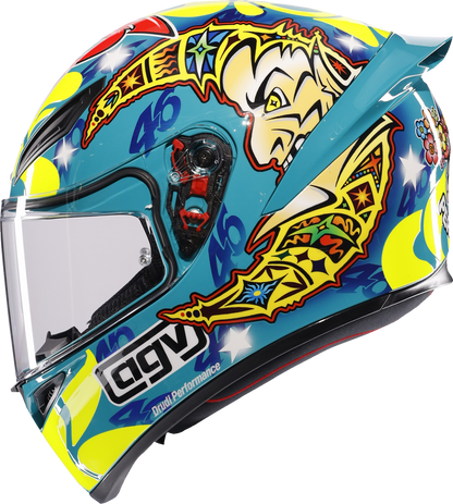 AGV K1 S Rossi Mugello 1999 motorcycle helmet in medium size with sleek black and red design, featuring Rossi branding.