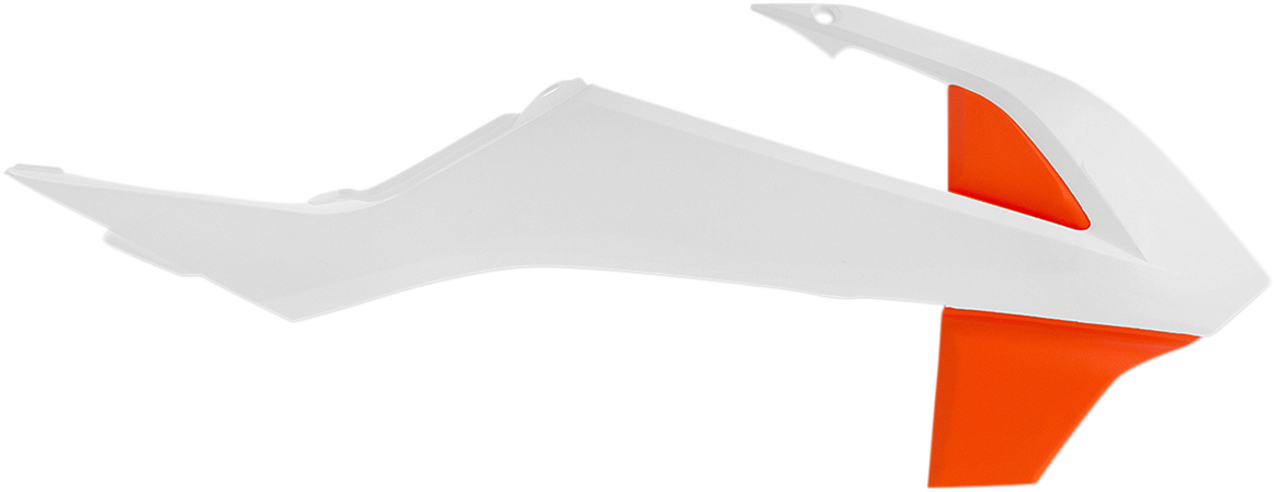 Acerbis radiator shrouds in white and orange for off-road motorcycle, designed for '19 OE and '16 models, mounted on bike body.