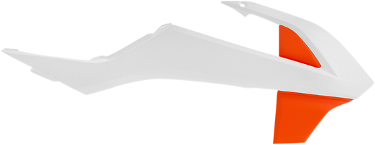 Acerbis radiator shrouds in white and orange for off-road motorcycle, designed for '19 OE and '16 models, mounted on bike body.