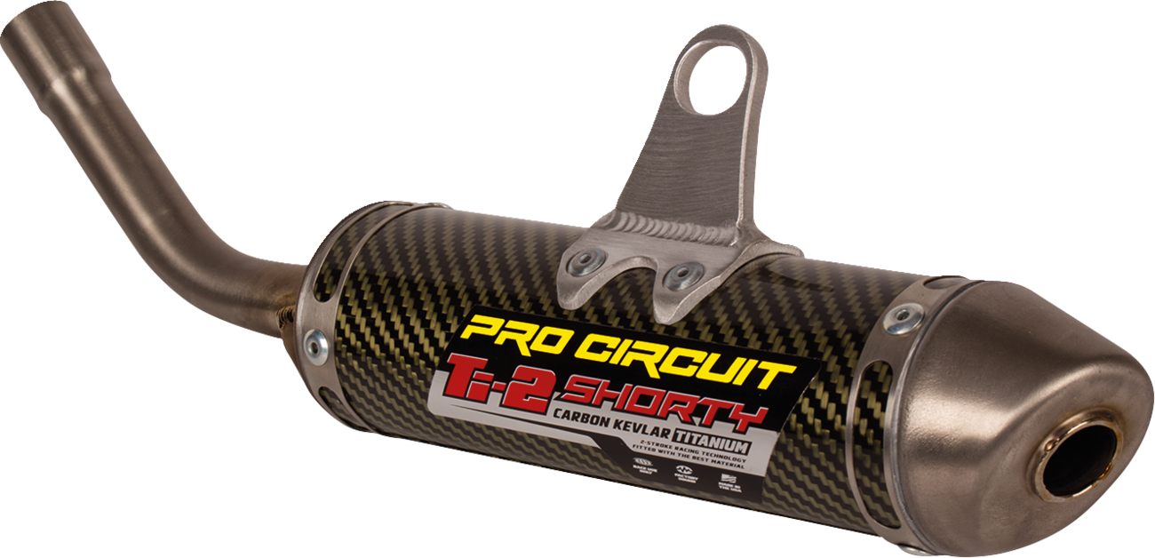 Pro Circuit TI-2 Silencer motorcycle exhaust system, high-performance motorcycle exhaust with sleek metal finish and brand logo.