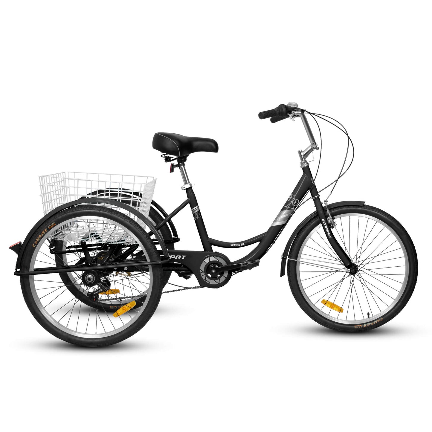Hycline Ecarpat 24-inch 7-speed adult tricycle with sturdy frame, comfortable seat, and three wheels for stable riding.